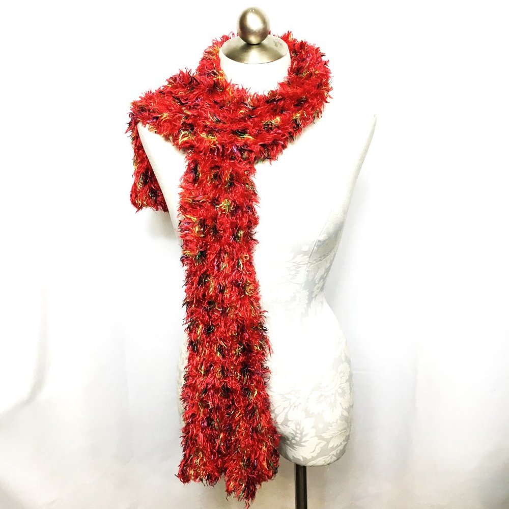 RED Eyelash Holiday Colorful Yarn Tubular Scarf  58” x 14"